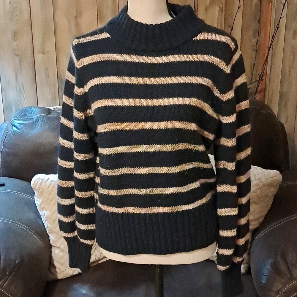 Madewell Striped Metcalf Mockneck Sweater Blue And Tan Size M Chunky Cozy